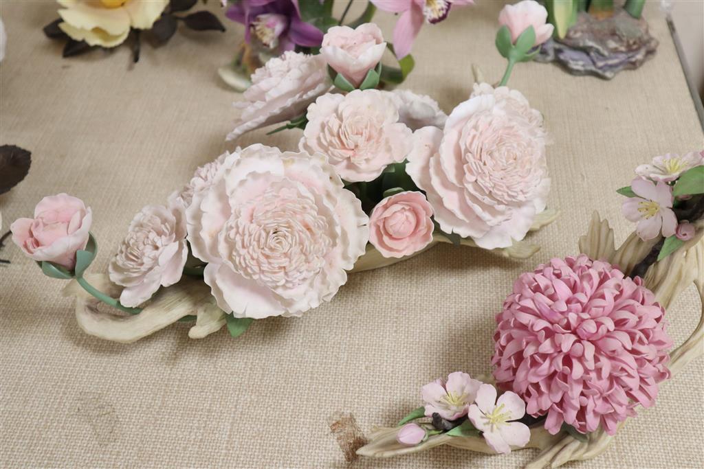 Three Boehm flower groups - no.85 Chrysanthemum and Blossom, Pink Peony centrepiece and Iris silver shower, and a Cymbidium Orchid